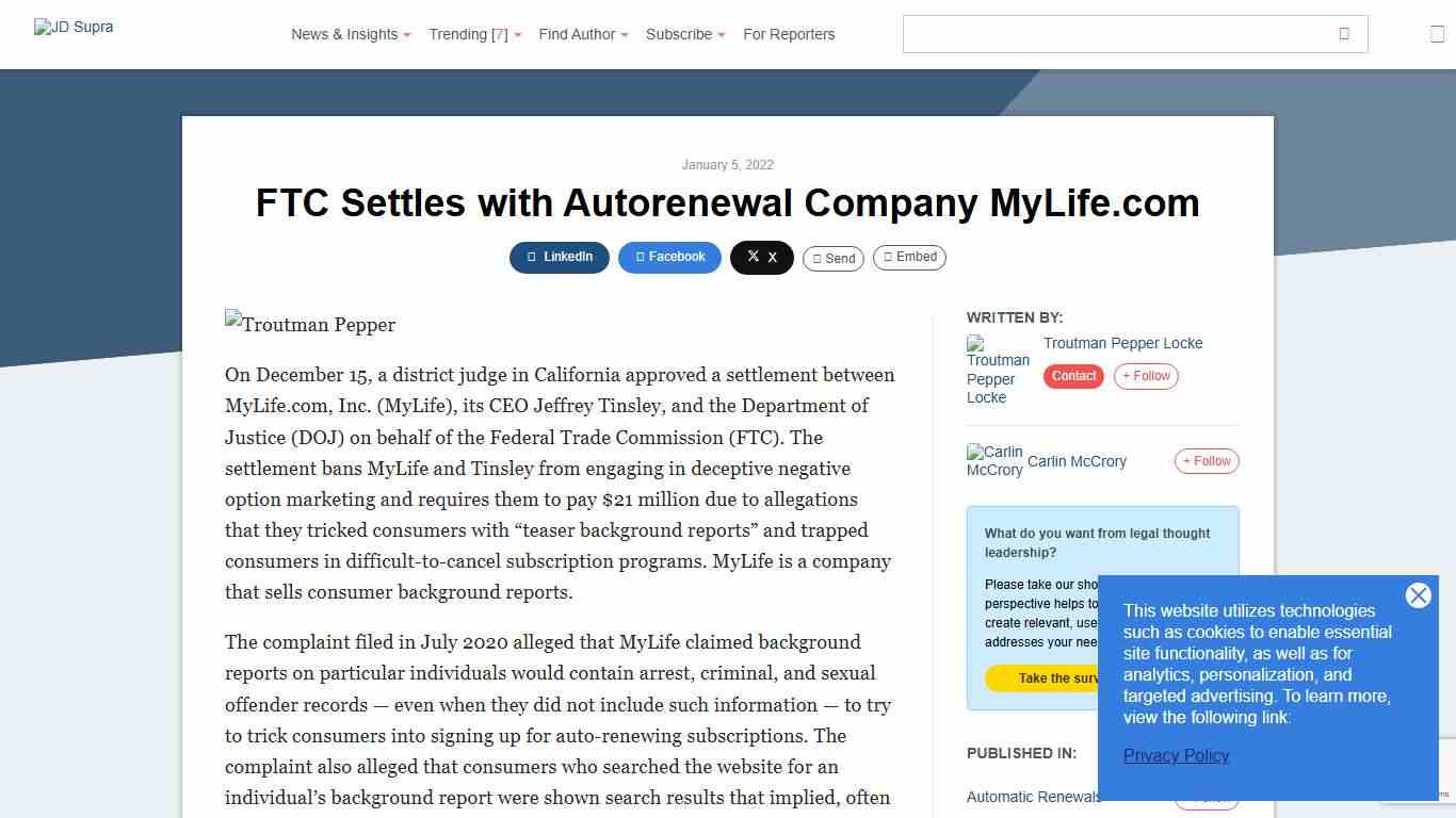 FTC Settles with Autorenewal Company MyLife.com Troutman Pepper Locke - JDSupra