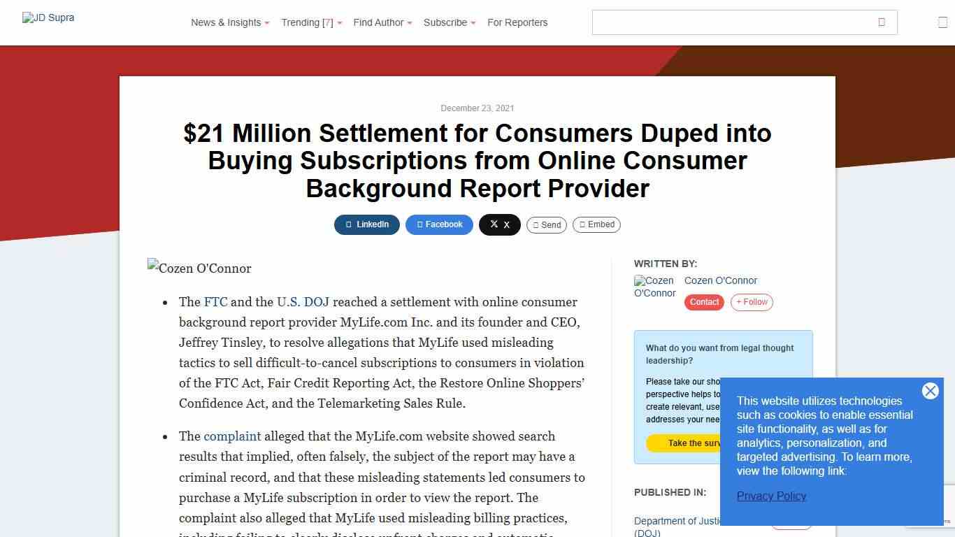 $21 Million Settlement for Consumers Duped into Buying Subscriptions from Online Consumer Background Report Provider Cozen O'Connor - JDSupra